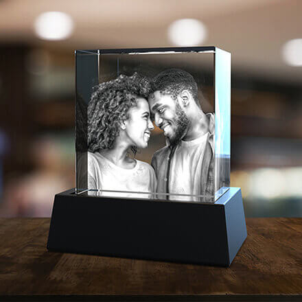 A Cube-shaped 3D photo crystal with a LED light base.